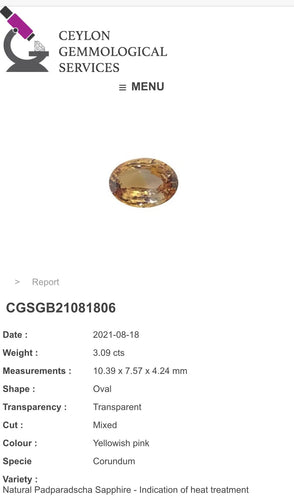 Padparadscha Sapphire 3.09 carat Natural - J N Gems